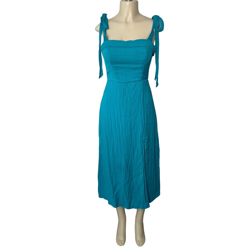Trixxi Dress Womens Medium Teal Blue Midi Tie Shoulder Side Slit 26CE577HWI